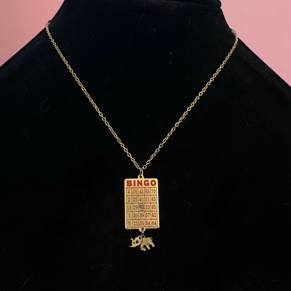 Vintage gold tone Bingo card pendant necklace